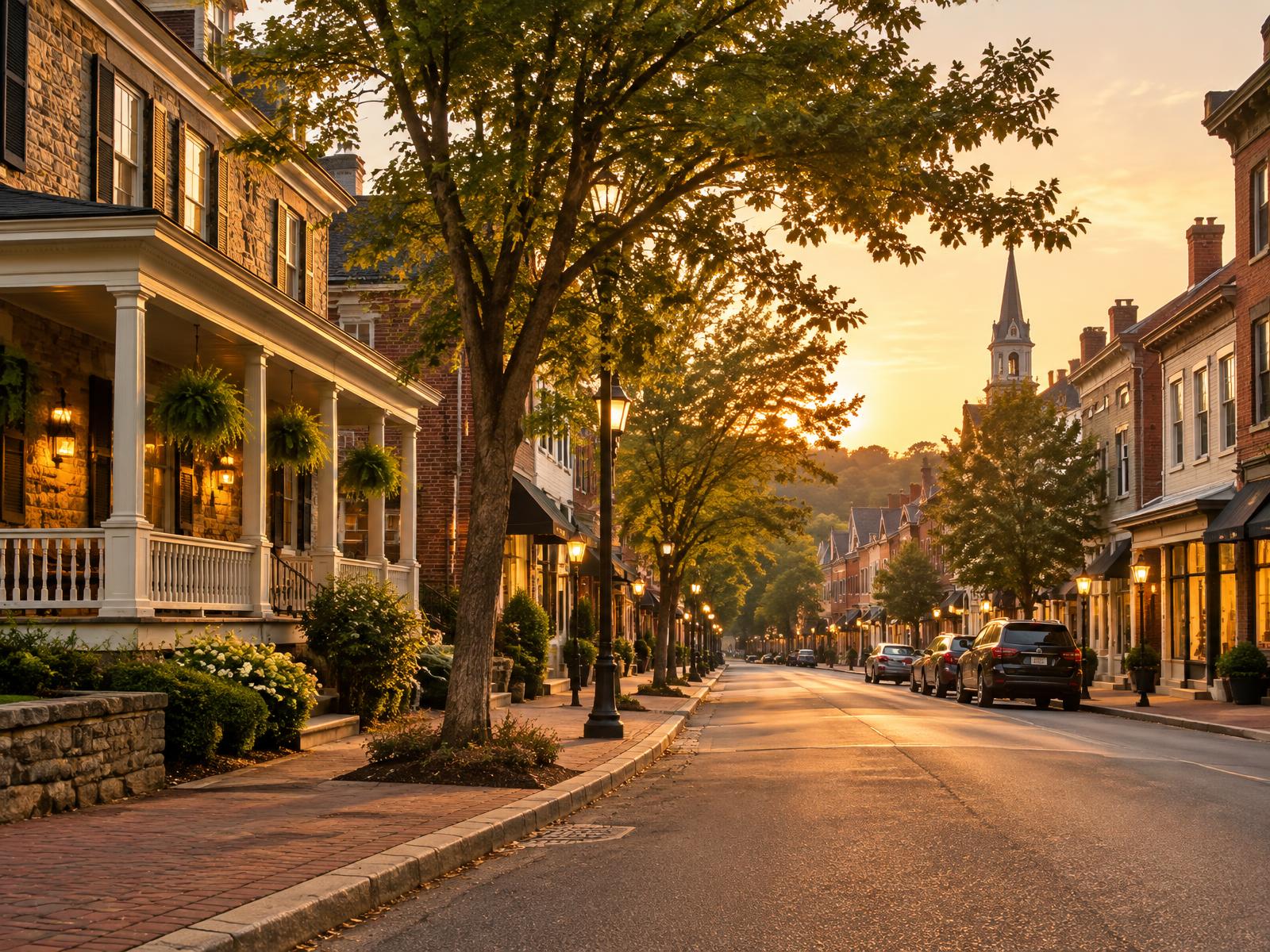 Tree-lined borough main street with stone and brick storefronts at golden hour