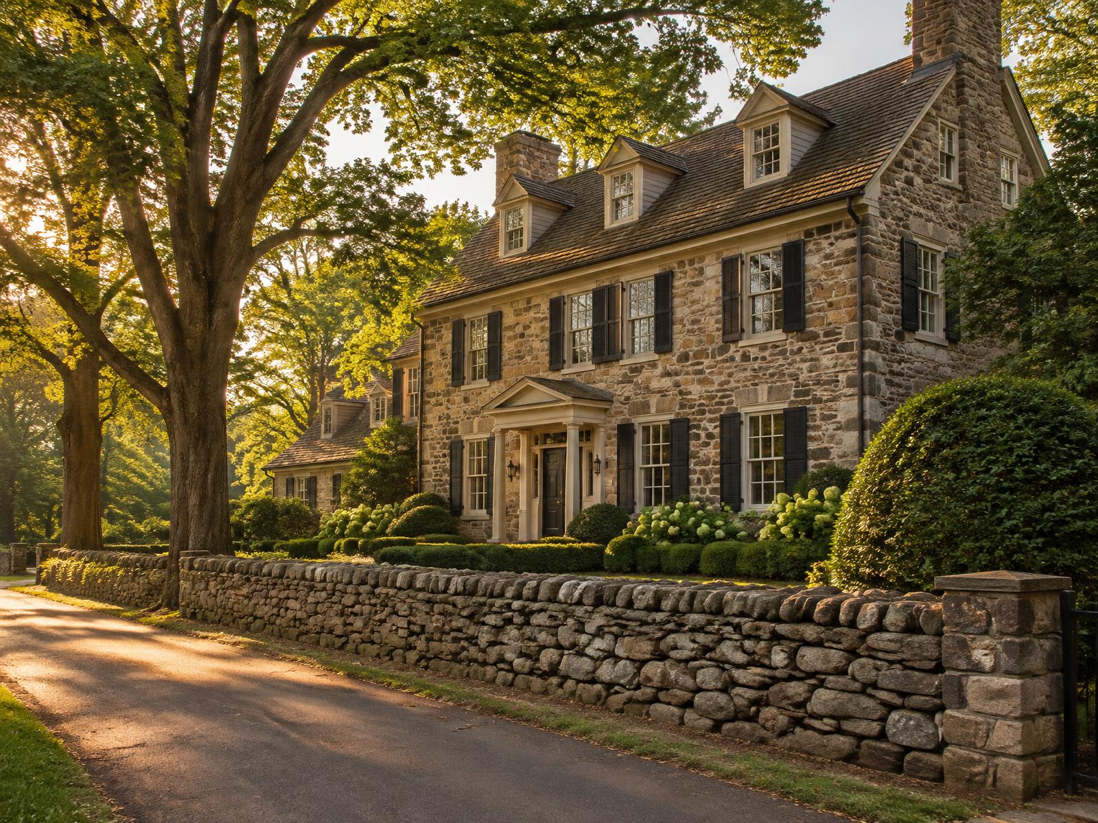 Historic stone house behind a dry-laid stone wall on a quiet tree-lined lane