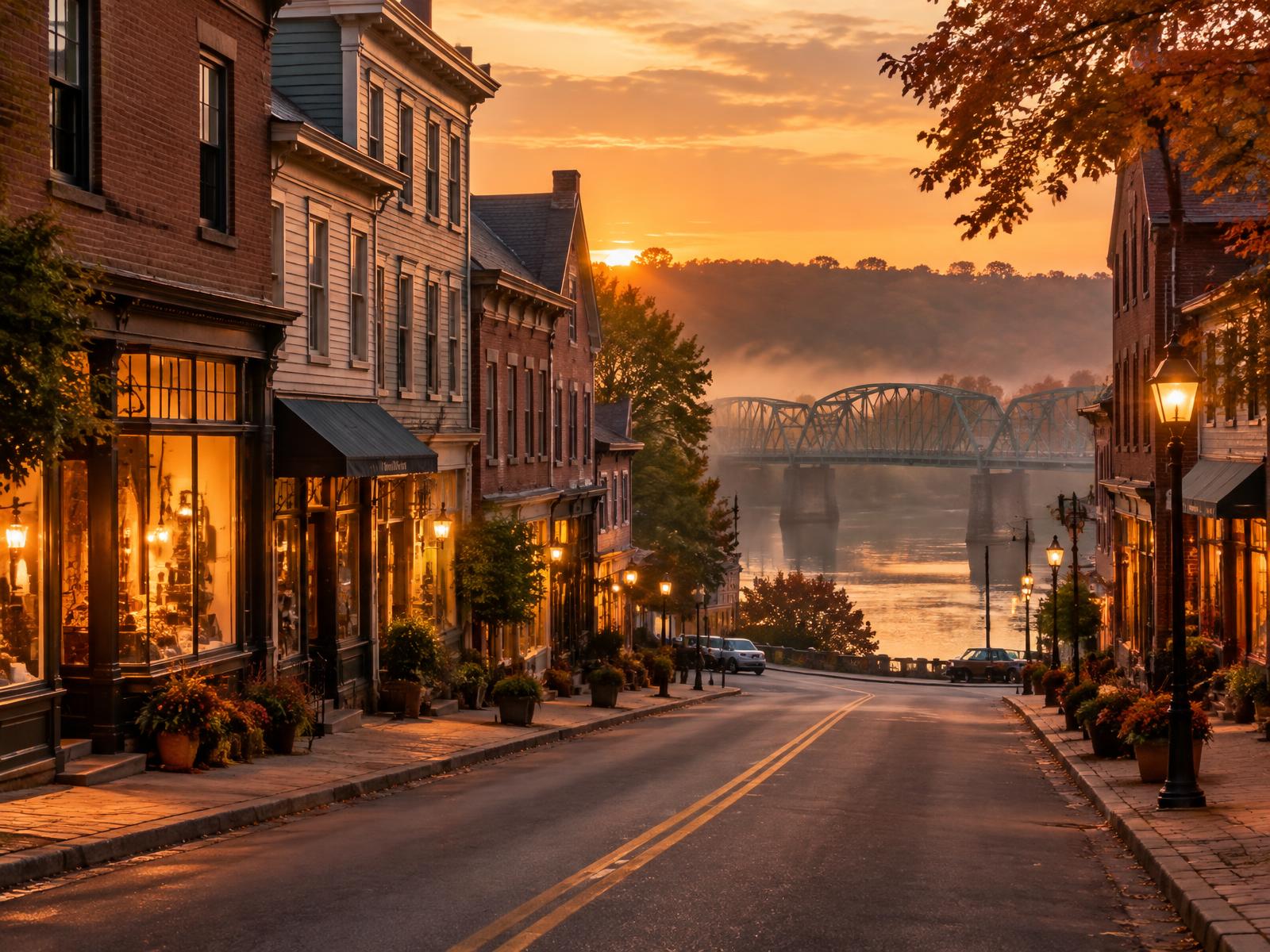 River-town main street at sunset with a steel truss bridge over the water in the distance