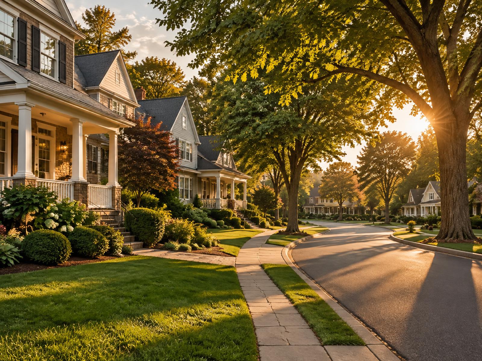 Quiet suburban street of porch-front homes under mature trees at golden hour