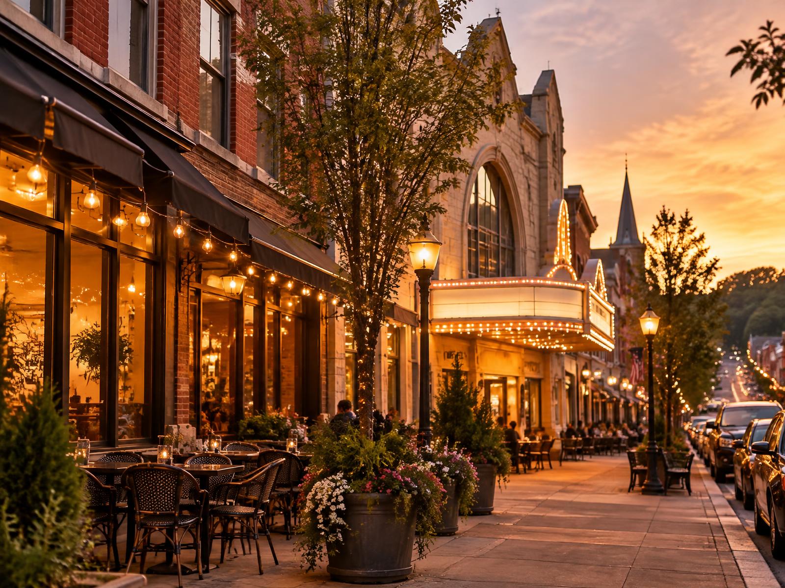 Borough main street at dusk with café tables, string lights, and a lit theater marquee