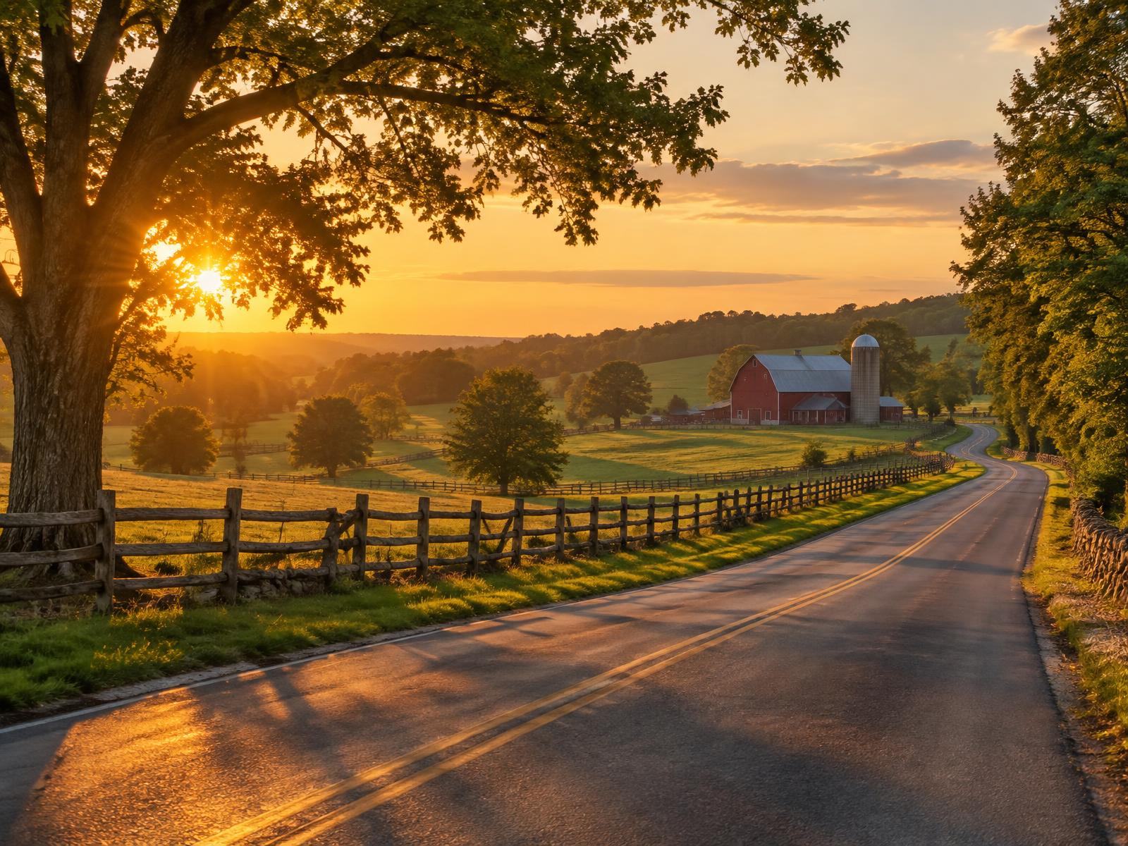 Country road winding past farmland and a red barn at golden hour
