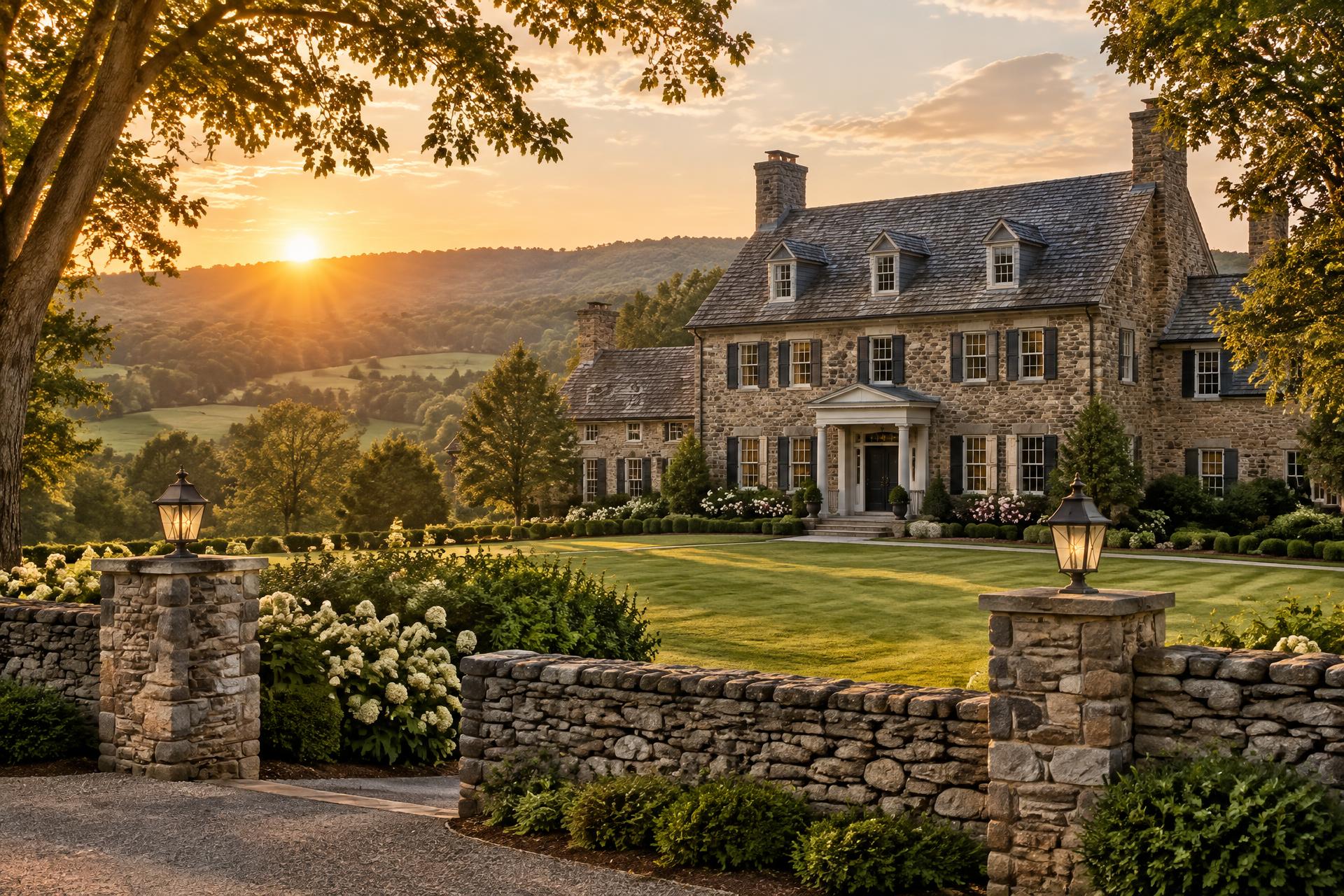 Stone manor house at golden hour behind a dry-laid stone wall, evoking historic Bucks County estates