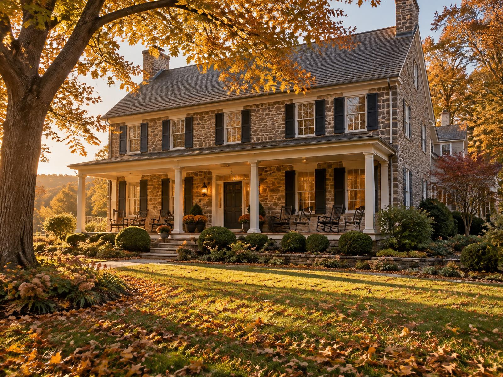 Stone colonial farmhouse with a deep front porch in autumn light, evoking older Bucks County homes